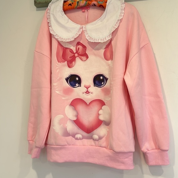 Sugar Thrillz CUTE AS A BUTTON COLLARED SWEATSHIRT Pink Kitten medium/large new - Picture 2 of 7